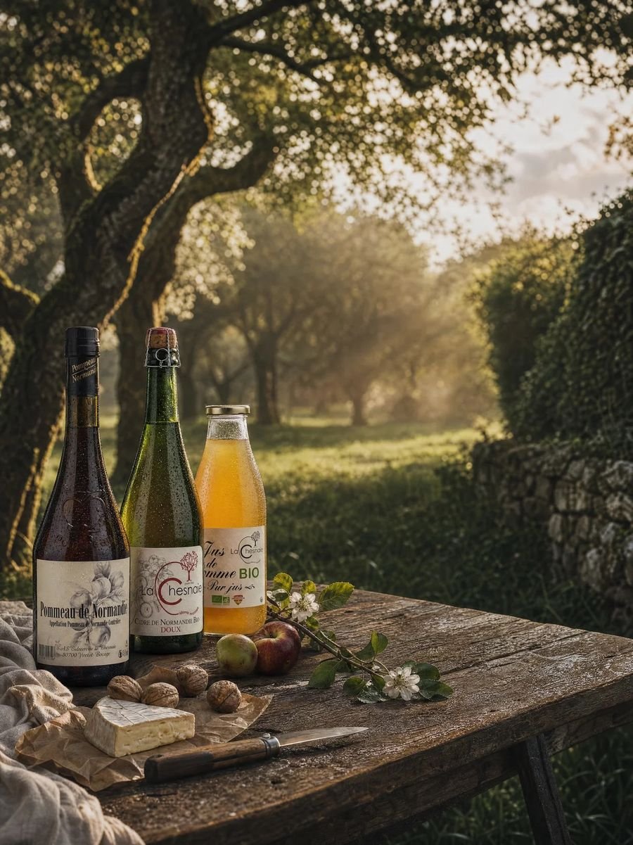 Pommeau, cidre doux et jus de pomme la Chesnaie sur une table dans le verger